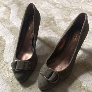 COACH olive green suede pumps with brass buckle detail